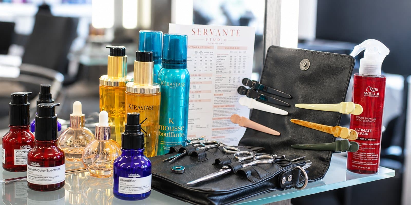 Colour-care and Kérastase products on the shelf at Servanté Studio